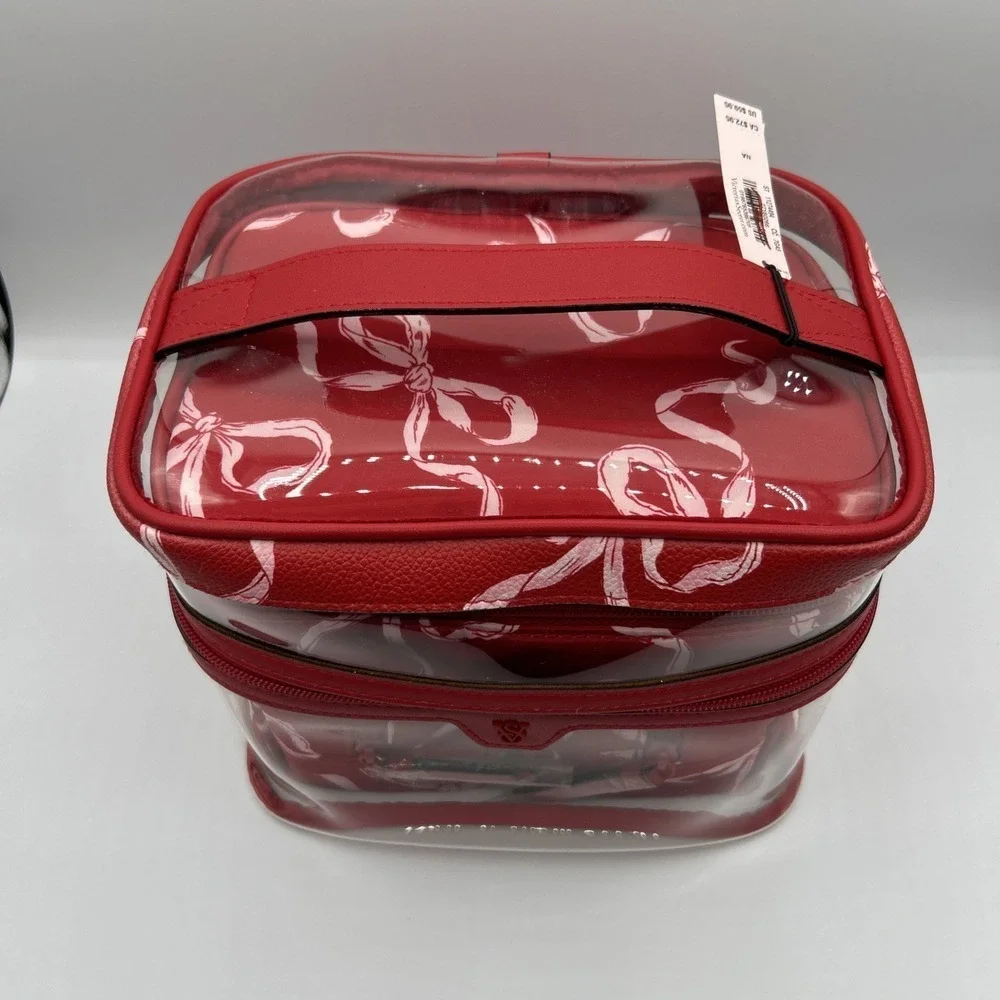 Victoria's Secret Makeup Bag 4 Pcs Red White Bows Train Case New With Tags